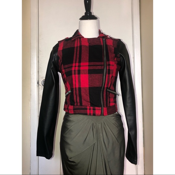 Forever 21 Jackets & Blazers - Tartan Faux Leather Sleeve Motto Jacket